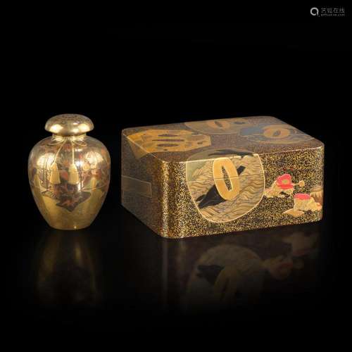 A small Japanese lacquer urn-form sectional box and a box de...