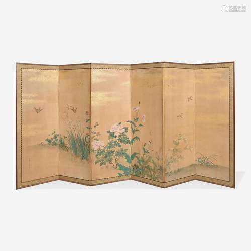 A Japanese "Sparrows and Flowers" six-fold screen,...