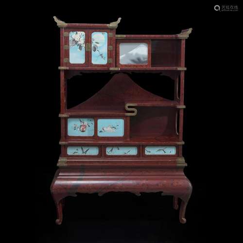 A Japanese lacquer display cabinet with cloisonné panels 日本...