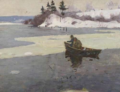 Figures in a boat before a winter landscape, Russian school ...