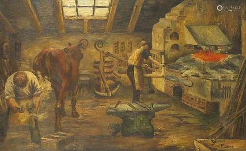 Rimmy - Blacksmith and horse in a forge, oil on canvas, moun...