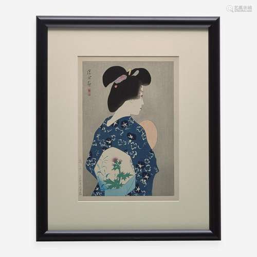 Five Japanese Bijin-ga woodblocks printed in colors 日本浮世...