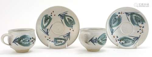 Marianne de Trey, pair of studio pottery cups and saucers ha...