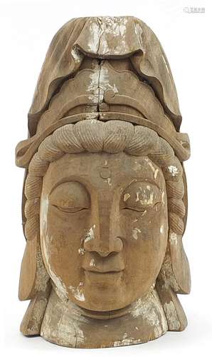 Large Chinese carved wooden bust of Guanyin, 40cm high