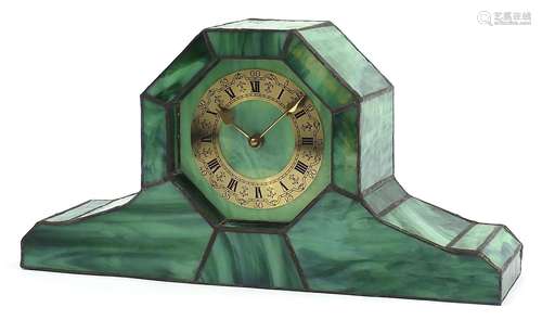 Art Deco style leaded glass design mantle clock, 45cm wide