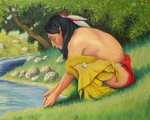 Indian at water's edge, American school oil on canvas, m...