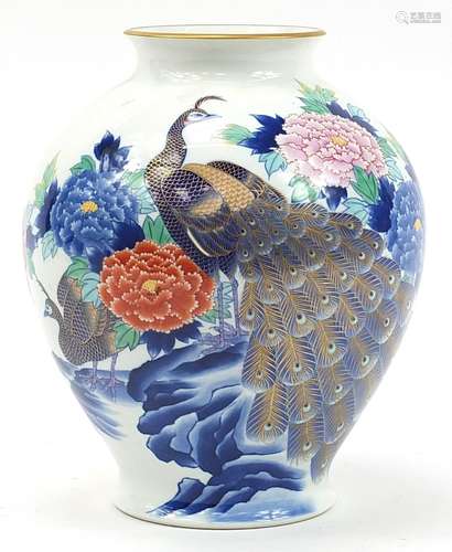 Large Chinese porcelain baluster vase hand painted with peac...