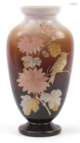 Victorian opaline glass vase hand painted with a bird amongs...