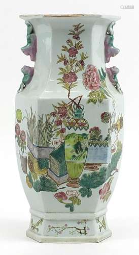 Large Chinese porcelain hexagonal vase hand painted in the f...