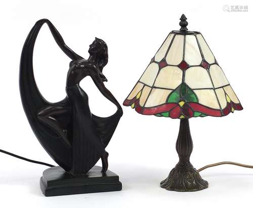 Bronzed Tiffany design table lamp with leaded glass shade an...