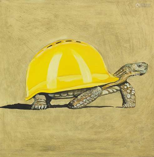 Clive Fredriksson - Tortoise wearing a hard hat, comical oil...