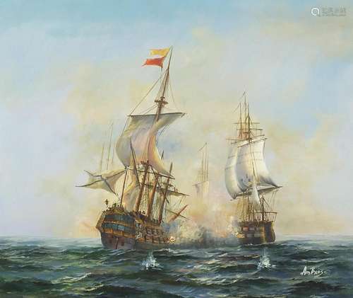 John Ambrose - Warships at sea, naval interest oil on canvas...