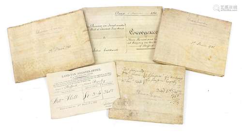 Four antique vellum documents and a land tax register docume...