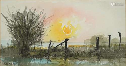 Robert William - Sunset on the Marsh, ink and watercolour, d...