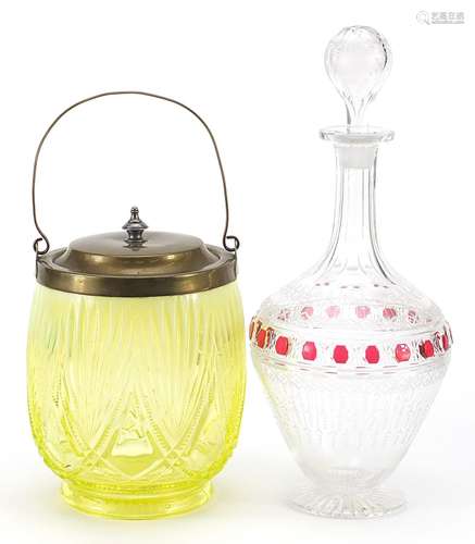 19th century ruby flashed glass decanter and a uranium glass...