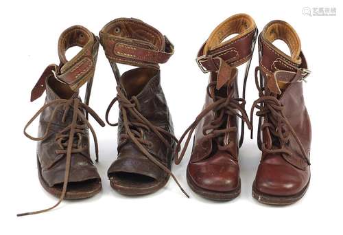 Two pairs of Victorian brown leather children's disabili...