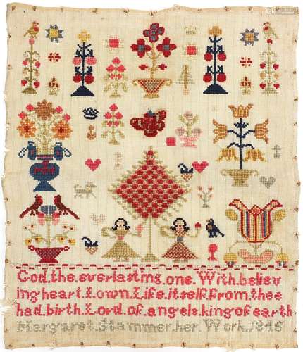 19th century sampler embroidered with flowers, figures and r...