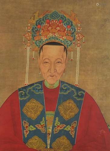 Chinese ancestral portrait, watercolour, mounted, framed and...