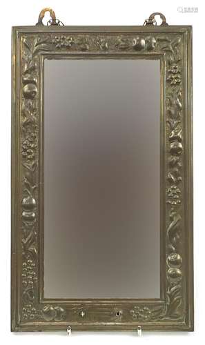 Rectangular brass framed wall hanging mirror embossed with f...