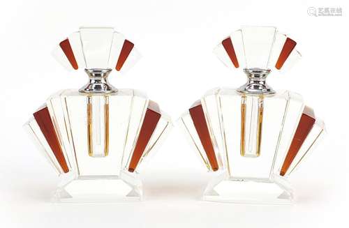 Pair of Art Deco style amber and clear glass scent bottles, ...