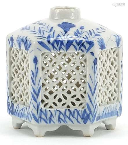 Japanese hexagonal blue and white porcelain incense burner h...