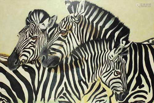 Clive Fredriksson - Three zebras, oil on canvas, framed, 118...