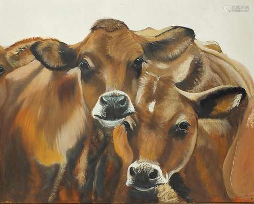 Clive Fredriksson - Brown cows, oil on board, framed, 75cm x...