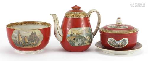 Prattware including teapot and bowl decorated with pastoral ...