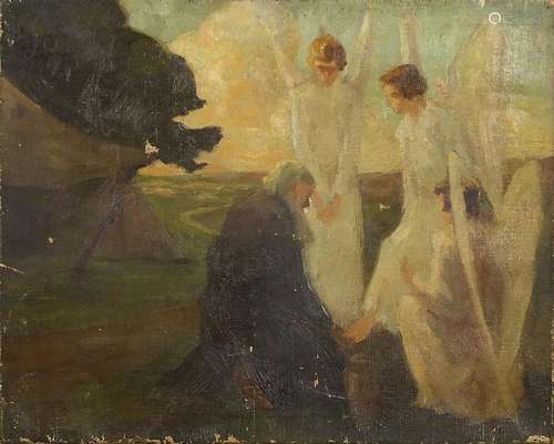 Figure and angels before a landscape, biblical interest oil ...