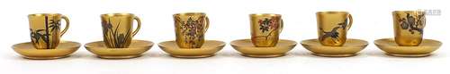 Set of six Japanese lacquered cups and saucers hand painted ...