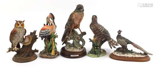 Five Capodimonte bird sculptures, two with certificates incl...