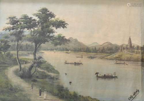 UNG MONG (XIX-XX) Huile "vue de rivière"Poids: 890...