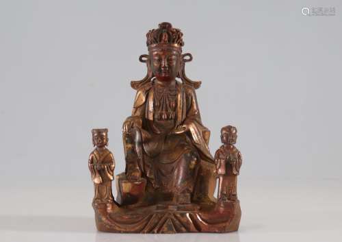 Statue de Guanyin Shancai et Longnü en bronze laqué or d'épo...