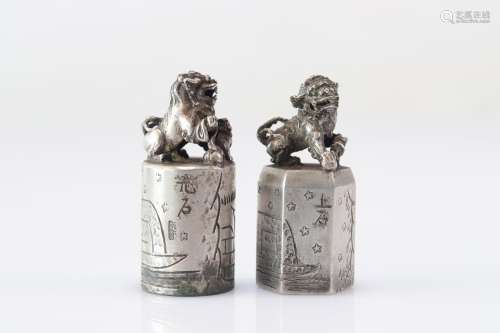 Rare paire de sceaux en argent Chine période Qing surmonté p...