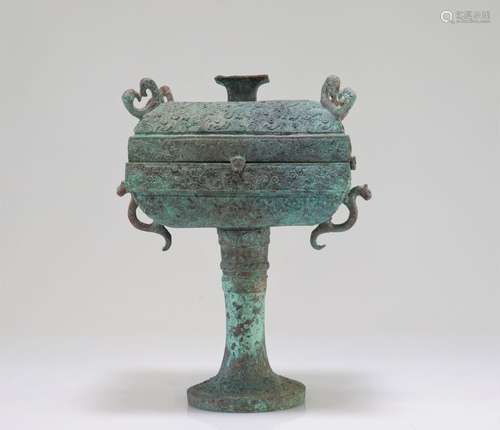 Ancienne coupe couverte en bronze patine bleu verte 8 caract...