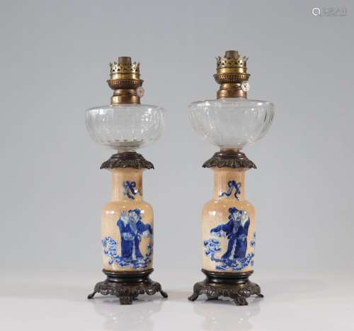 Paire de lampes en porcelaine de Nankin XIXèmePoids: 4.66 kg...