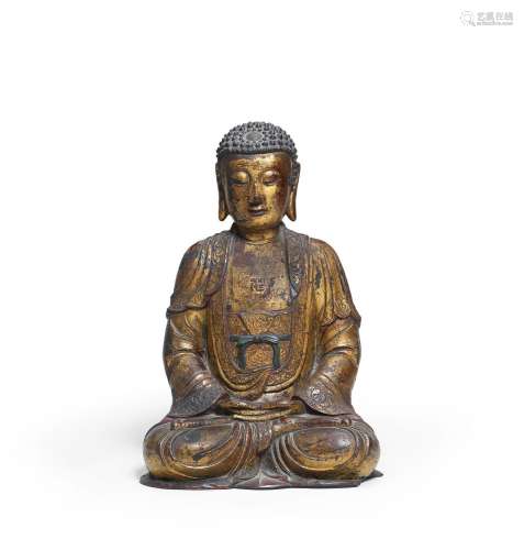 A LARGE GILT-LACQUERED BRONZE FIGURE OF A SEATED BUDDHA Ming...