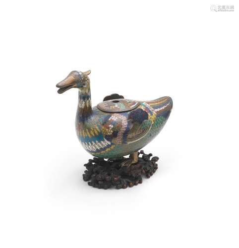 A CLOISONN&#201; ENAMEL DUCK-SHAPED INCENSE BURNER AND C...