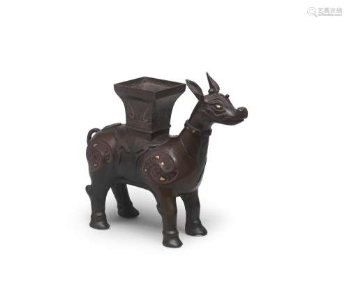 A RARE GOLD AND SILVER-INLAID BRONZE TAPIR-FORM VESSEL, ZUN ...
