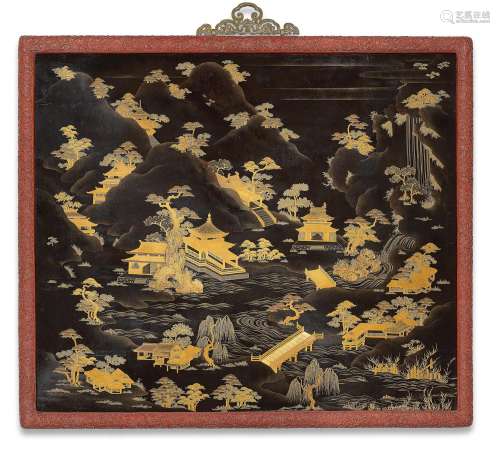 A VERY RARE GILT-DECORATED BLACK-LACQUERED PANEL AND CARVED ...