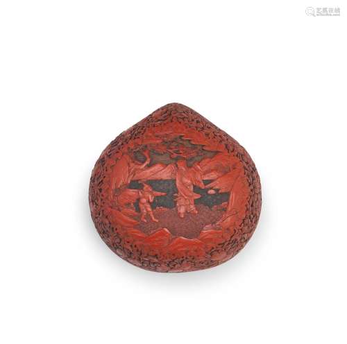 A CINNABAR LACQUER PEACH-SHAPED 'SANDUO' BOX AND COV...