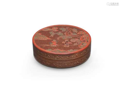 A RARE POLYCHROME LACQUER CIRCULAR BOX AND COVER  Xuande six...