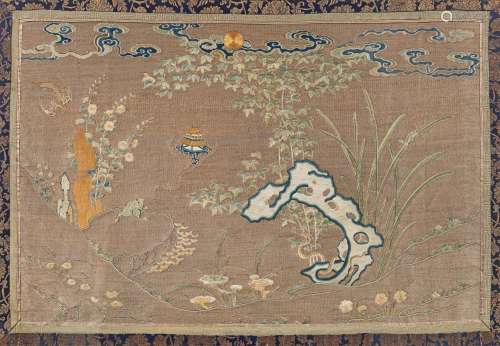 A RARE EMBROIDERED SILK IMPERIAL LANDSCAPE 18th Century