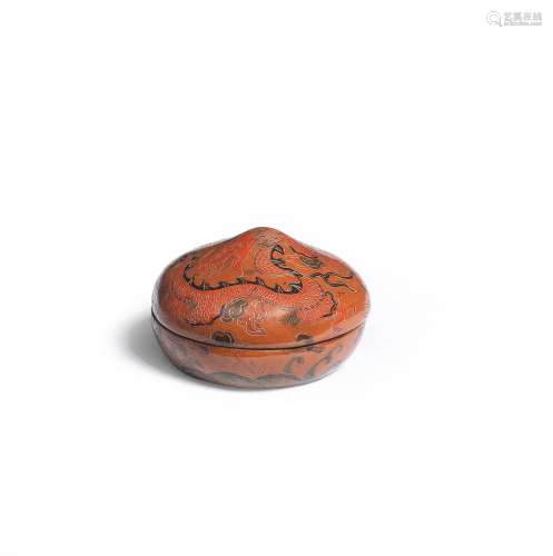 A RARE TIANQI AND QIANGJIN LACQUER PEACH-SHAPED BOX AND COVE...