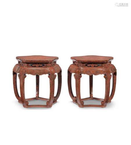 A RARE PAIR OF 'PRUNUS' TIANQI LACQUER STOOLS 17th/1...