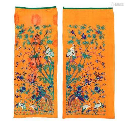 A PAIR OF MONUMENTAL APRICOT ORANGE-GROUND EMBROIDERED SILK ...