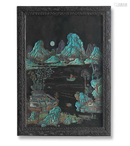 A RARE ZITAN-FRAMED KINGFISHER-FEATHER-INLAID 'LANDSCAPE...