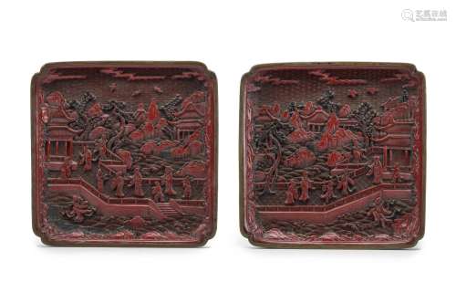 A PAIR OF CARVED CINNABAR LACQUER AND METAL 'LANDSCAPE&#...
