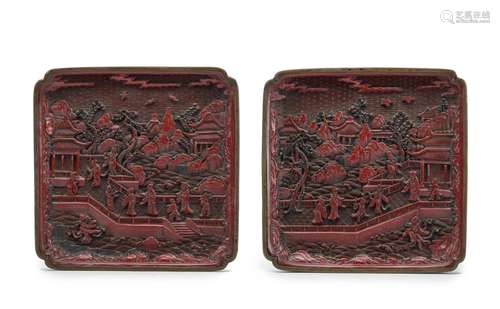 A PAIR OF CARVED CINNABAR LACQUER AND METAL 'LANDSCAPE&#...