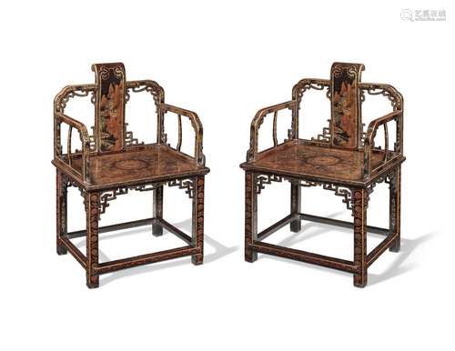 A RARE PAIR OF GILT-DECORATED BLACK LACQUER ARMCHAIRS Yongzh...